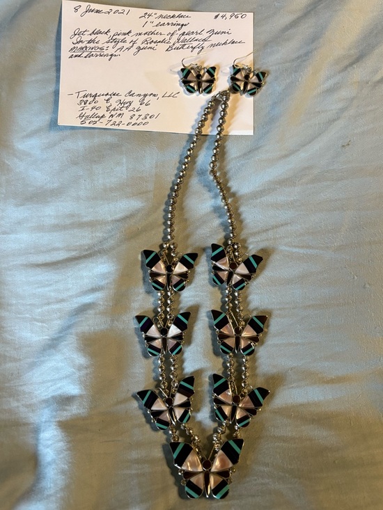 Native American Jewelry - Sterling Native Made Butterfly Squashblossom Set Signed AA Zuni